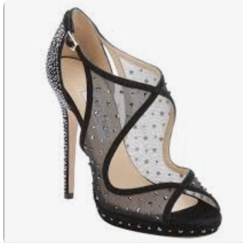 Jimmy Choo" Leondra" Black Suede& Semi- Sheer Mesh With Swarovski Crystals. 8.5 - Picture 10 of 16